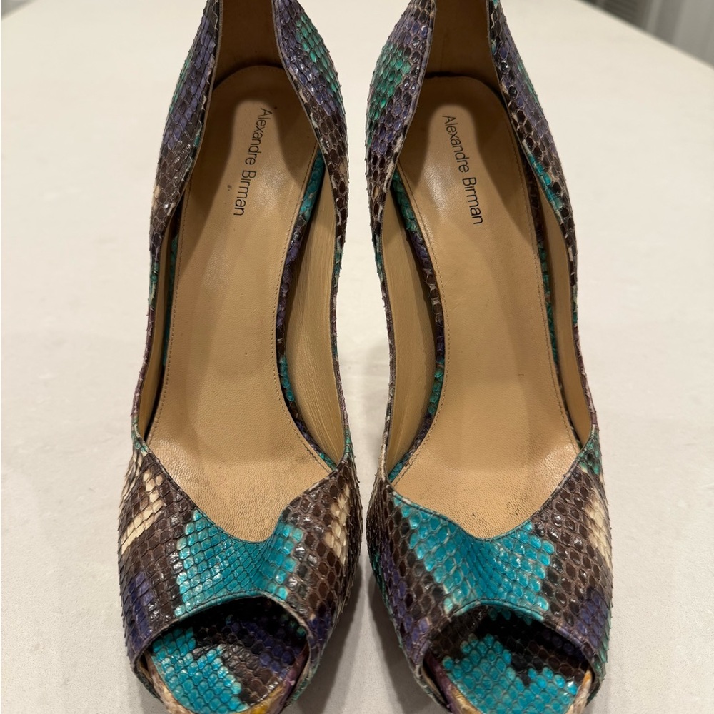 Alexandre Birman Snakeskin Peep-Toe Stiletto Heels in Blue and Brown